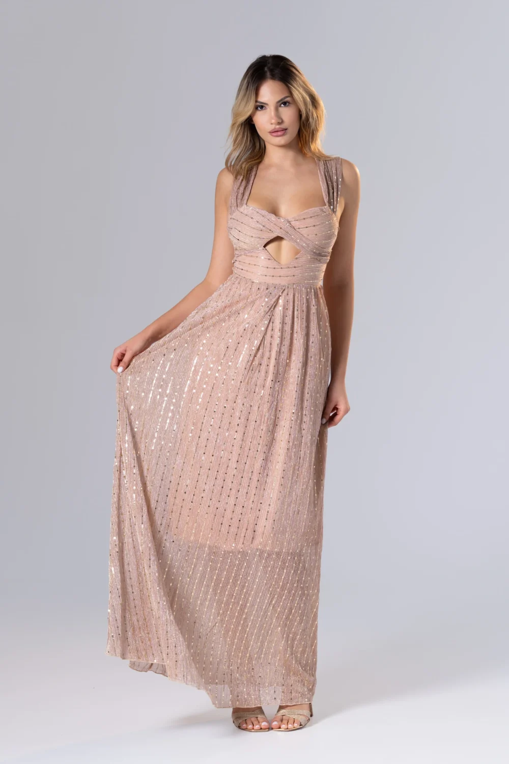 Rochie lungă din mătase cu fir auriu